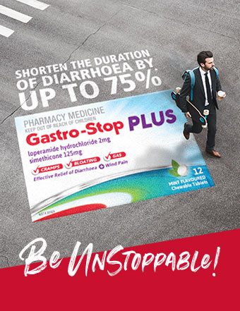 Man walking, Gastro-Stop ad on path - packshot with "Shorten the Duration of Diarrhoea by up to 75%"