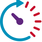 Clock icon with purple hand - clock's left is solid blue line, right side is red notches on the hour