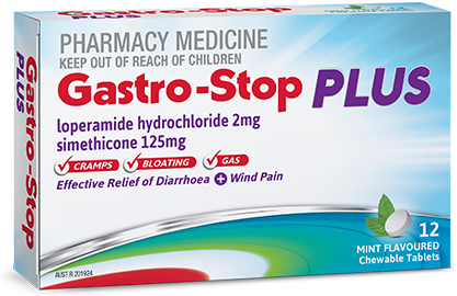 Gastro-Stop Plus packshot - effective relief for diarrhoea, wind pain, cramps and bloating