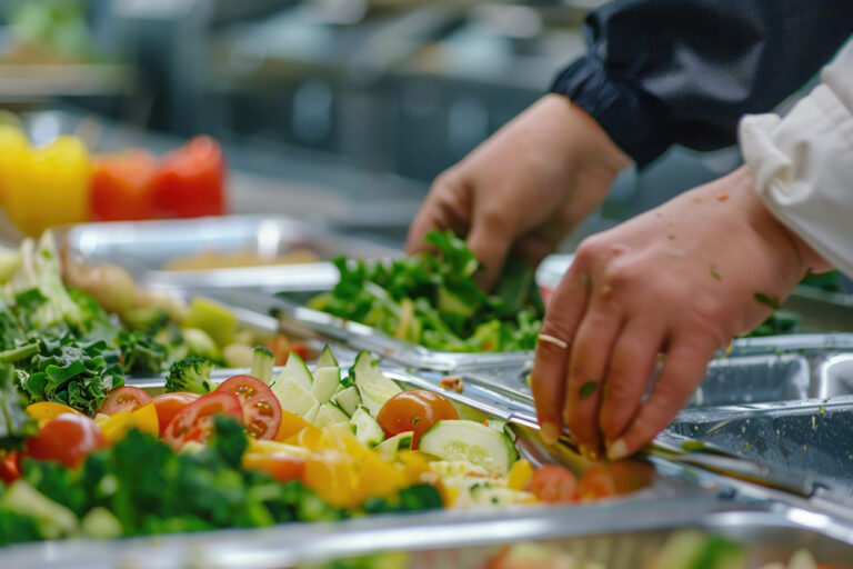 A close-up shot of a person cutting vegetables on a kitchen cutting board