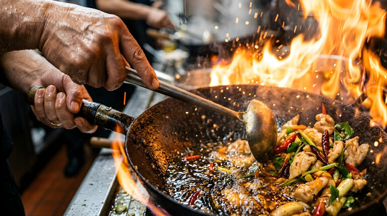 Chef cooking stir fry in a wok with flames