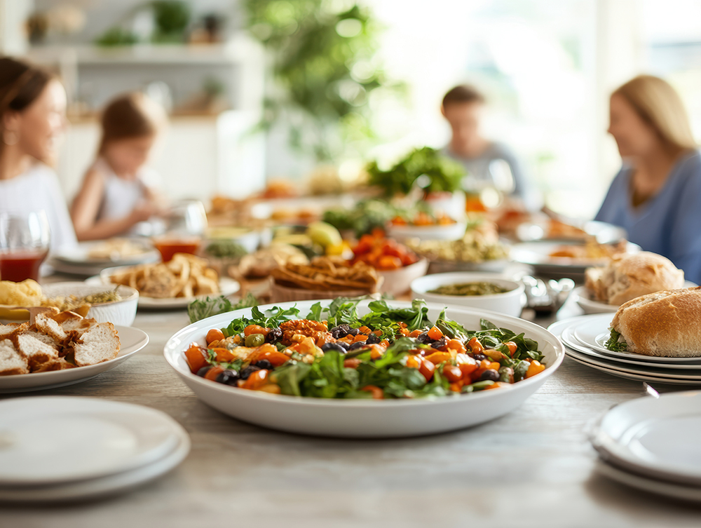 A vibrant display of a home-cooked meal with fresh salads, color